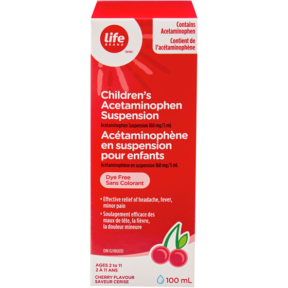 Life Acétaminophène en suspension pour enfants à 160 mg, saveur de cerise 100 ml, 6,00 $/100ml