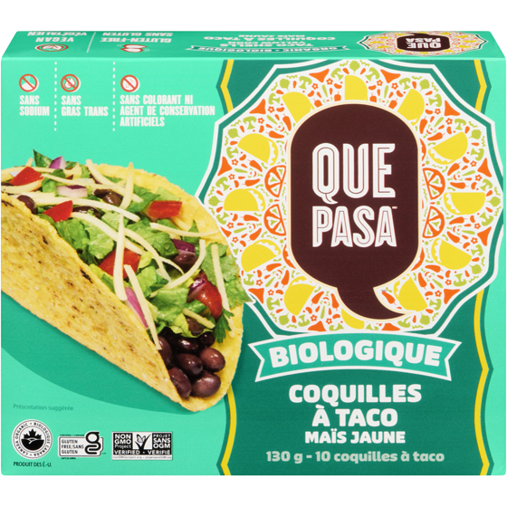 Que Pasa Coquilles à tacos de maïs jaune biologique 130 g, 3,84 $/100g