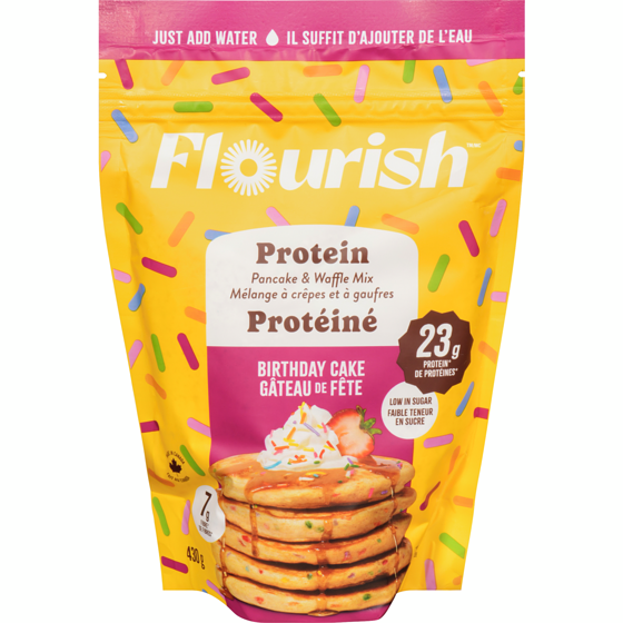 Flourish Protein Pancake & Waffle Mix, Birthday Cake 430 g, $2.56/100g