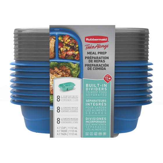 Rubbermaid Contenants de préparation de repas divisés TakeAlongs, la couleur peut varier (bleu ou bleu sarcelle), paquet de 8 8 ea, 1,50 $/1ch