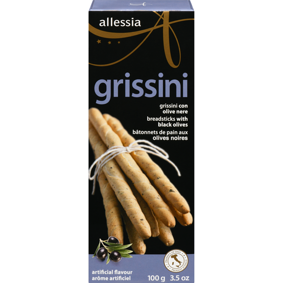 Allessia Bâtonnets de pain aux olives noires grissini 100 g, 3,00 $/100g