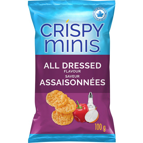 Quaker Crispy Minis All Dressed Flavour Brown Rice Chips 100 g, $3.99/100g