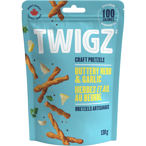 Twigz Craft Pretzels, Buttery Herb and Garlic 130 g, $4.22/100g