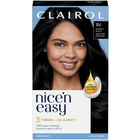 Clairol Nice'n Easy 1N Deepest Black, Permanent Hair Dye, Superior Natural Looking Colour 1 ea, $12.99/1ea