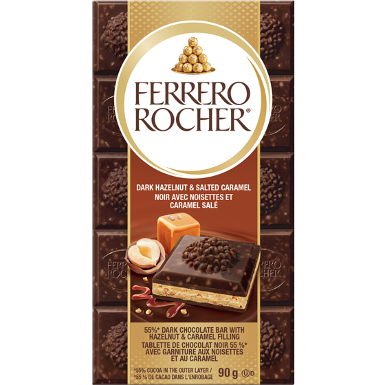 FERRERO ROCHER Tablette de chocolat de qualité supérieure, caramel salé et noisettes 70% cacao chocolat noir 90 g, 5,32 $/100g