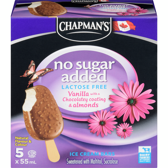 Chapmans No Sugar Added Lactose Free Ice Cream Bars Vanilla With A Chocolatey Coating & Almonds 5x55.0 ml, $2.18/100ml