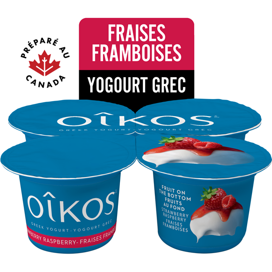 Oikos Yogourt grec, fraises - framboises, 2% M.G., fruits au fond 4x100.0 g, 1,07 $/100g