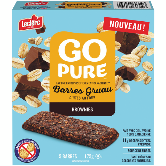 Leclerc Go Pure barres gruau brownies 5 barres 175 g, 2,00 $/100g