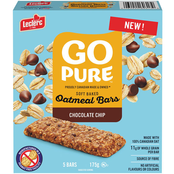 Leclerc Go Pure Soft Baked Chocolate Chip Oatmeal Bars 175 g, $2.74/100g
