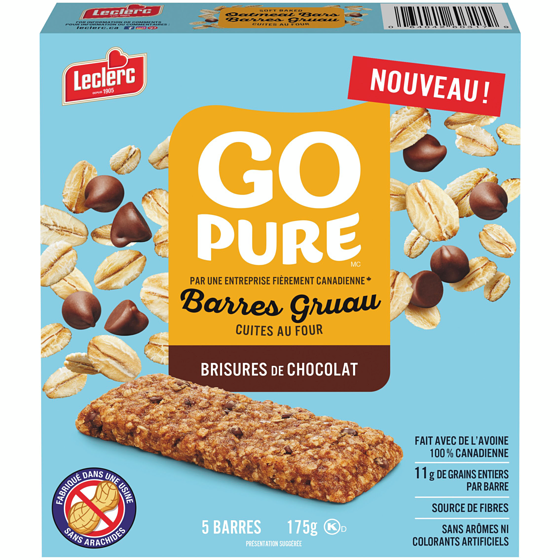 Leclerc Barres Gruau cuites au four aux brisures de chocolat Go Pure 175 g, 2,71 $/100g