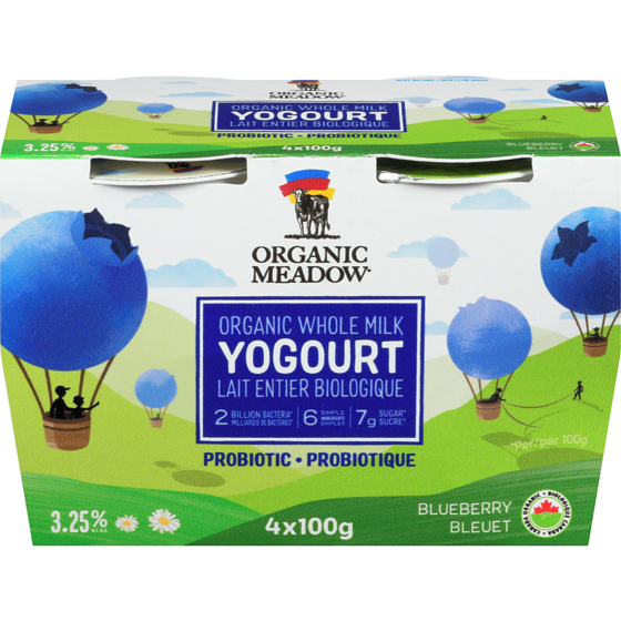 Organic Meadow Yogourt Organic Whole Milk Blueberry 3.25% M.F. 4x100.0 g, $1.62/100g