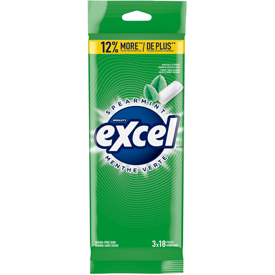 Wrigley's Excel Spearmint Flavoured Sugar Free Chewing Gum, 18 Pieces, 3 Packs 3 ea, $1.60/1ea