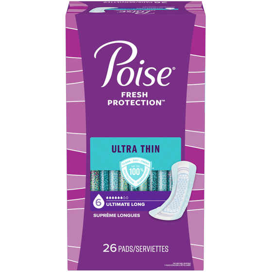Poise Serviettes ultraminces d’incontinence et d’incontinence en période post-partum pour fuites urinaires, degré d’absorption suprême à 6 gouttes, longues, 26 unités 26 ea, 0,77 $/1ch