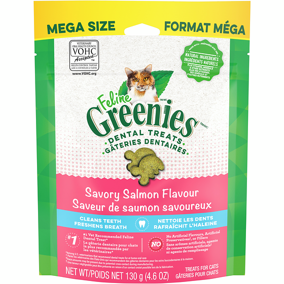 Greenies Feline Adult Natural Dental Care Cat Treats, Savory Salmon Mega Size 130 g, $6.53/100g