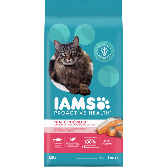 Iams Nourriture pour chats Proactive Health Chat d’intérieur Contrôle du poids et des boules de poils avec saumon 3.18 kg, 0,75 $/100g