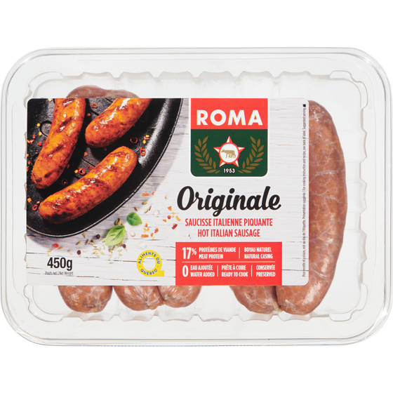 Roma Hot Italian Sausage 450 g, $2.00/100g
