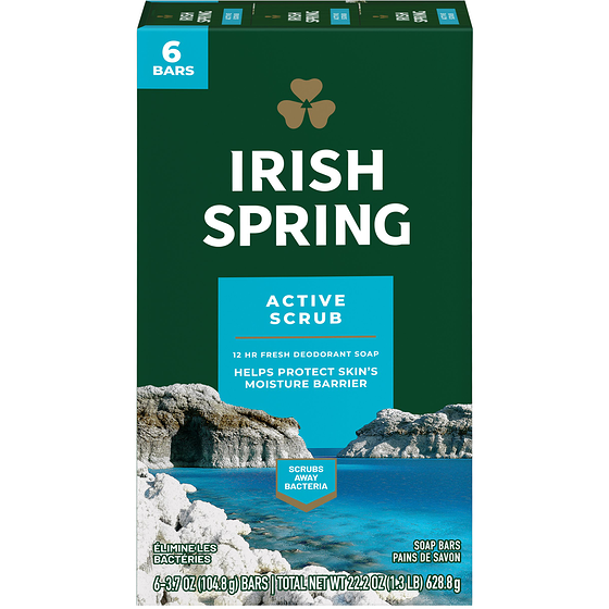 Irish Spring Active Scrub Pain de Savon Désodorisant pour Hommes 6x104.0 g, 1,04 $/100g