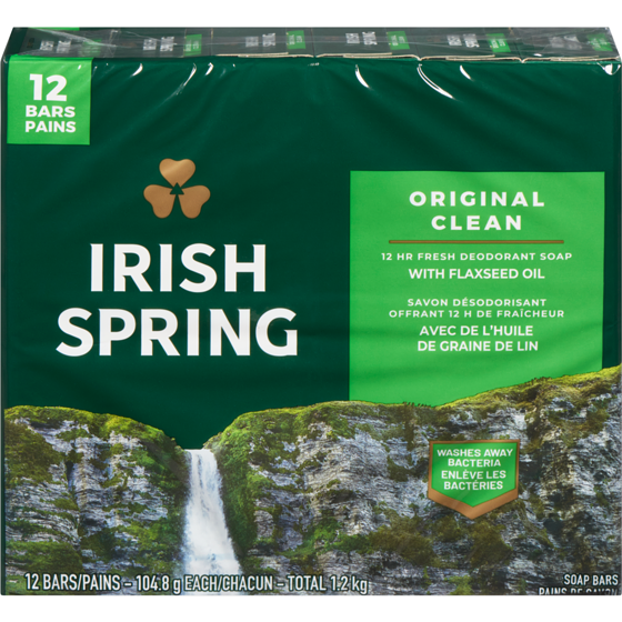 Irish Spring Original Clean Pain de Savon Désodorisant pour Hommes 12x104.0 g, 0,96 $/100g