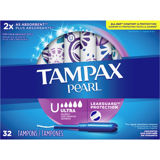 Tampax Tampons Pearl avec tresse anti-fuites LeakGuard, degré d’absorption ultra, non parfumés, 32 tampons. 32 ea, 0,37 $/1ch