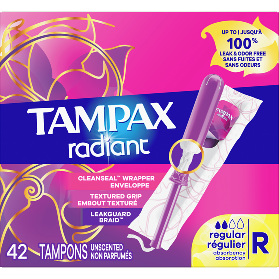 Tampax Radiant Tampons Regular Absorbency with BPA-Free Plastic Applicator and LeakGuard Braid, Unscented, 42 Count 42 ea, $0.35/1ea