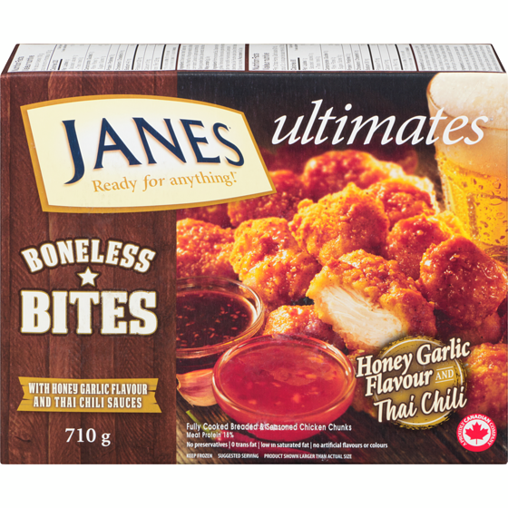 Janes Boneless Chicken Bites, Honey Garlic 710 g, $2.54/100g