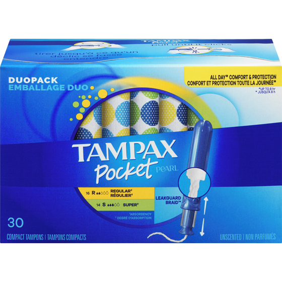 Tampax Pocket Pearl Tampons Regular and Super Absorbency, 30 Tampons 30 ea, $0.37/1ea