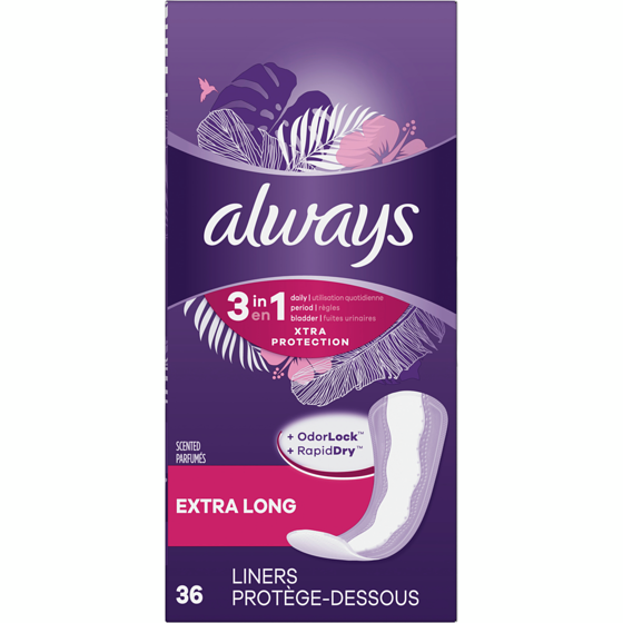 Always Protège-dessous quotidiens Xtra Protection 3 en 1 pour femmes, extra longs, parfumés, 36 protège-dessous 36 ea, 0,17 $/1ch