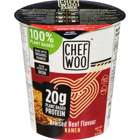 Chef Woo Braised Beef Ramen Cups 71 g, $3.51/100g