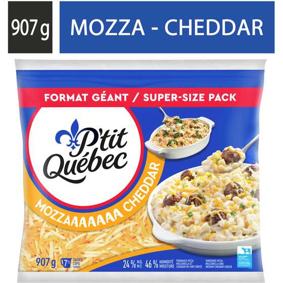 P'tit Québec Mozza Cheddar Shredded Cheese 907 g, $2.20/100g