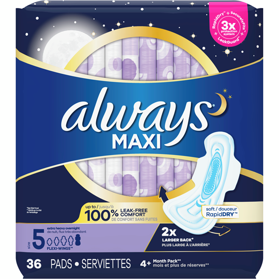 Always Serviettes Maxi de nuit flux très abondant, avec ailes, taille 5, non parfumées, 36 serviettes 36 ea, 0,50 $/1ch
