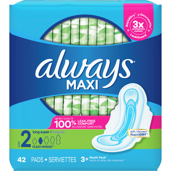 Always Serviettes Maxi, de jour, longues avec ailes, taille 2, non parfumées, 42 serviettes 42 ea, 0,33 $/1ch
