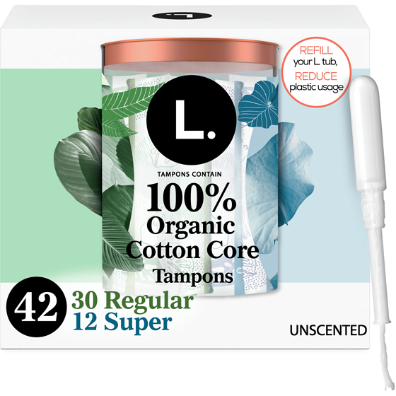 L. Cotton Tampons Regular/Super Absorbency Multipack, Free from Chlorine Bleaching, Pesticides, Fragrances, or Dyes, 42 Count 42 ea, $0.40/1ea