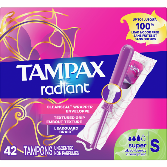 Tampax Radiant Tampons Super Absorbency with BPA-Free Plastic Applicator and LeakGuard Braid, Unscented, 42 Count 42 ea, $0.35/1ea