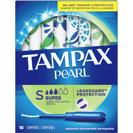 Tampax Tampons Pearl avec tresse anti-fuites LeakGuard, degré d’absorption super, non parfumés, 18 tampons 18 ea, 0,38 $/1ch