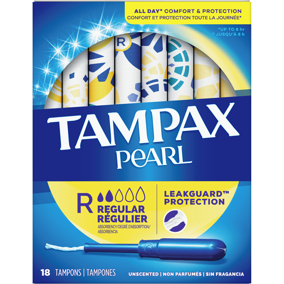 Tampax Tampons Pearl avec tresse anti-fuites LeakGuard, degré d’absorption régulier, non parfumés, 18 tampons. 18 ea, 0,38 $/1ch