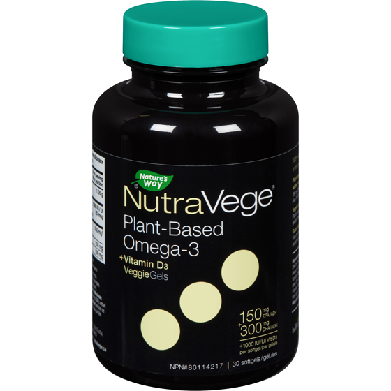 Nature's Way Nutravege Plant-Based Omega-3 + Vitamin D3 Veggiegels 30 ea, $0.77/1ea