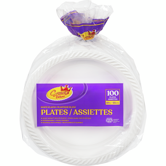 Crown Kosher Plates White Plastic 100x1.0 ea, $0.18/1ea