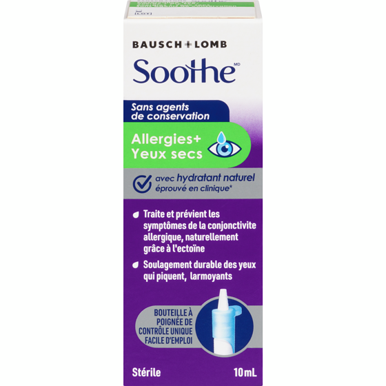 Bausch & Lomb Soothe gouttes oculaires lubrifiantes allergies + yeux secs 10 ml, 165,00 $/100ml