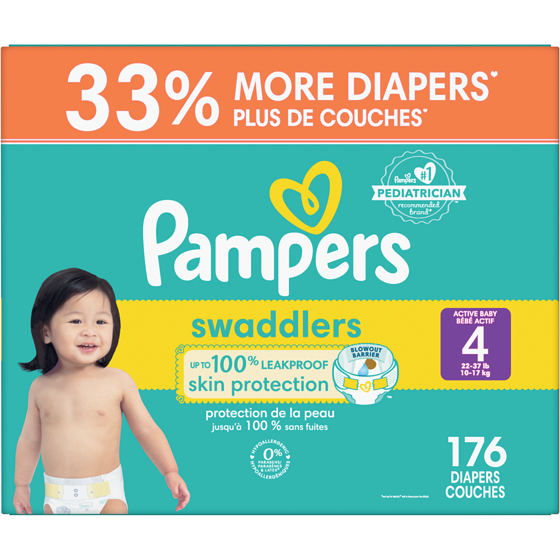 Pampers Couches Swaddlers, absorbantes, gardent bébé au sec et confortable, couche jetable pour bébé sans danger pour la peau, taille 4 (6,8 à 15,4 kg [15 à 34 lb]), 176 unités 176 ea, 0,34 $/1ch