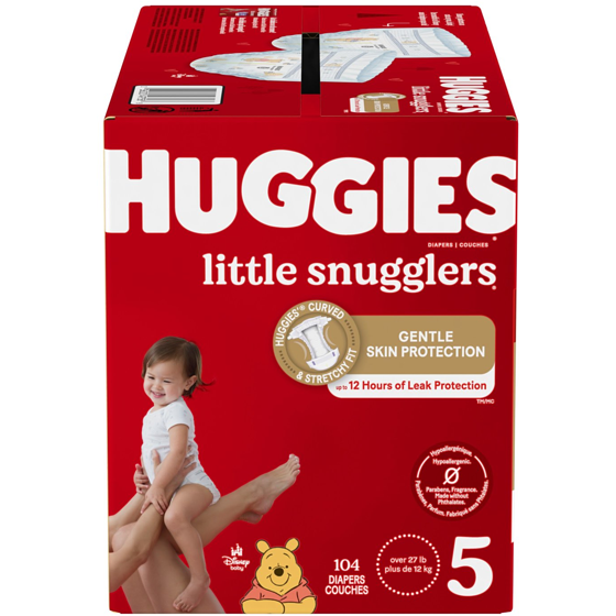 Huggies Couches pour bébés Little Snugglers,taille 5 (12 kg et plus [27 livres et plus]), 104 couches 104 ea, 0,34 $/1ch
