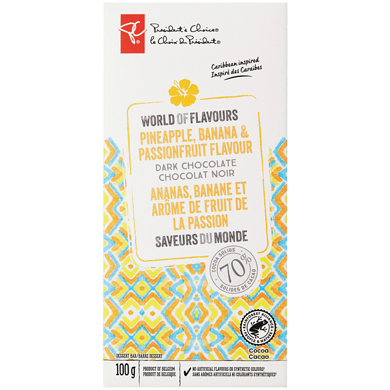President's Choice World of Flavours Pineapple, Banana & Passionfruit Flavour Dark Chocolate Dessert Bar 100 g, $3.50/100g