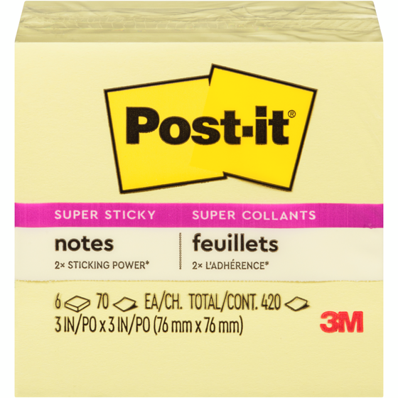 Post-it Feuillets super collants , jaune canari, 3 x 3 po 1 ea, 8,00 $/1ch