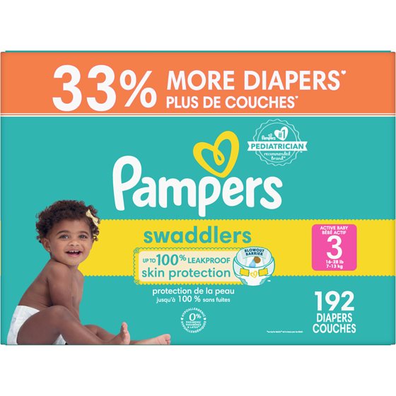 Pampers Couches Swaddlers, absorbantes, gardent bébé au sec et confortable, couche jetable pour bébé sans danger pour la peau, taille 3 (5,9 à 11,8 kg [13 à 26 lb]), 192 couches 192 ea, 0,31 $/1ch