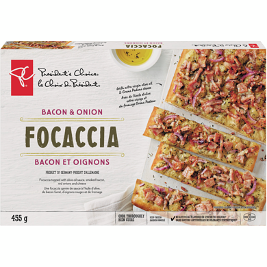 le Choix du Président Focaccia bacon et oignon  455 g, 1,43 $/100g