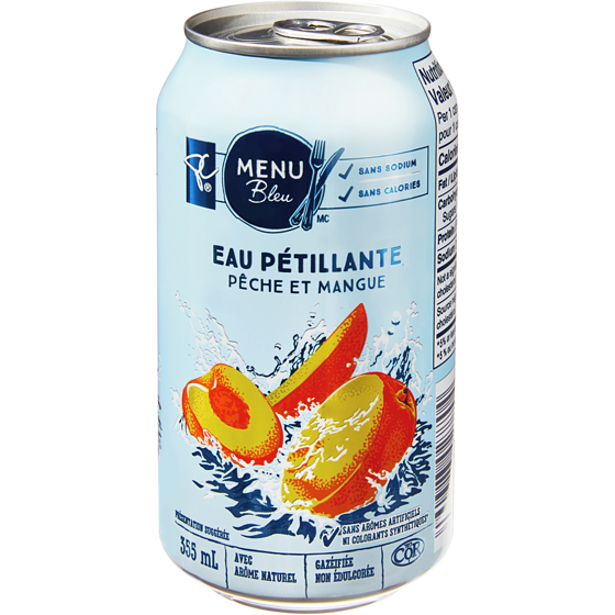 Eau pétillante à saveur de pêche et mangue Menu bleu, caisse de 12 PC Menu bleu PC.ca