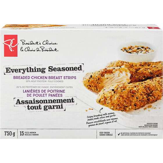 le Choix du Président Lanières de poitrine de poulet panées, assaisonnement tout garni 750 g, 2,67 $/100g