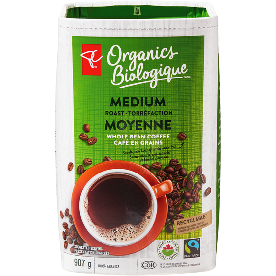 PC Biologique Café en grains biologique à torréfaction moyenne 907 g, 3,64 $/100g