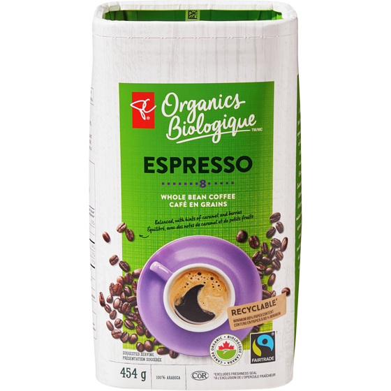 PC Biologique Café en grains Espresso Biologique 454 g, 4,84 $/100g