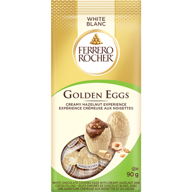 FERRERO ROCHER FERRERO ROCHER Golden Eggs, œufs enrobés de chocolat blanc, avec une garniture crémeuse aux noisettes et au cacao, 10 chocolats, 90 g 90 g, 4,44 $/100g