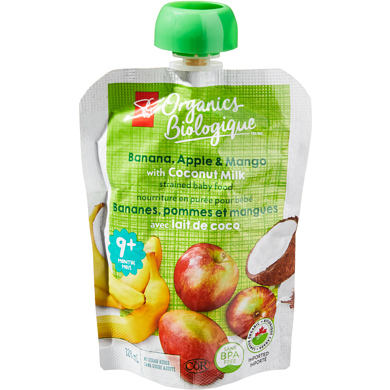 PC Biologique Nourriture pour bébé, bananes, pommes et mangues avec lait de coco 128 g, 0,78 $/100g